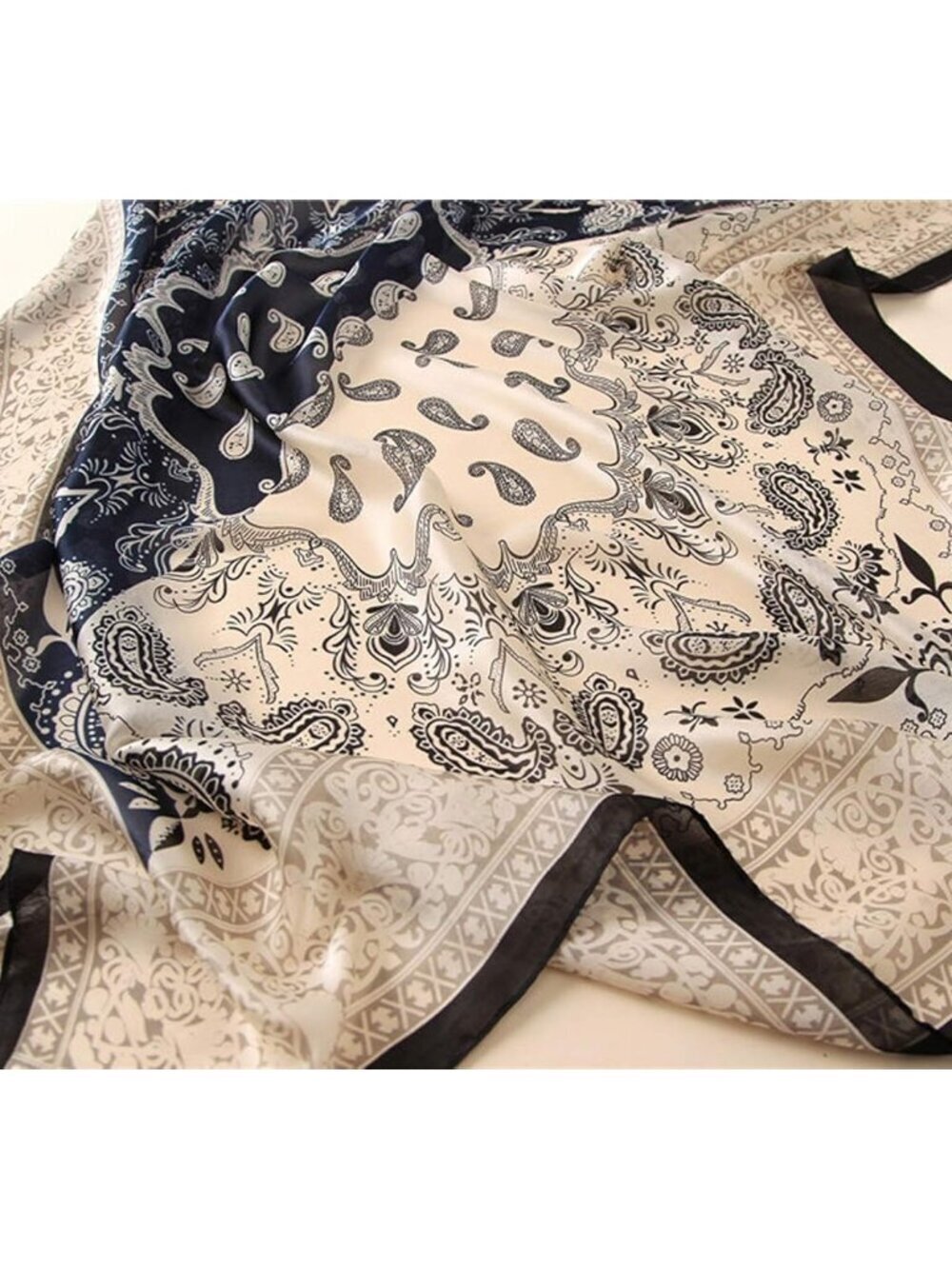 Women's Black Lightweight Silk Like Scarves Flowers Print Head Cotton Wrap Scarf - Picture 4 of 6